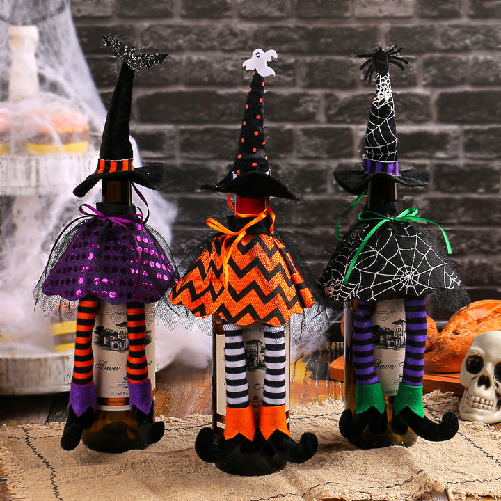 Halloween Wine Bottle Witch Hat Cover Ornament Set Decor
