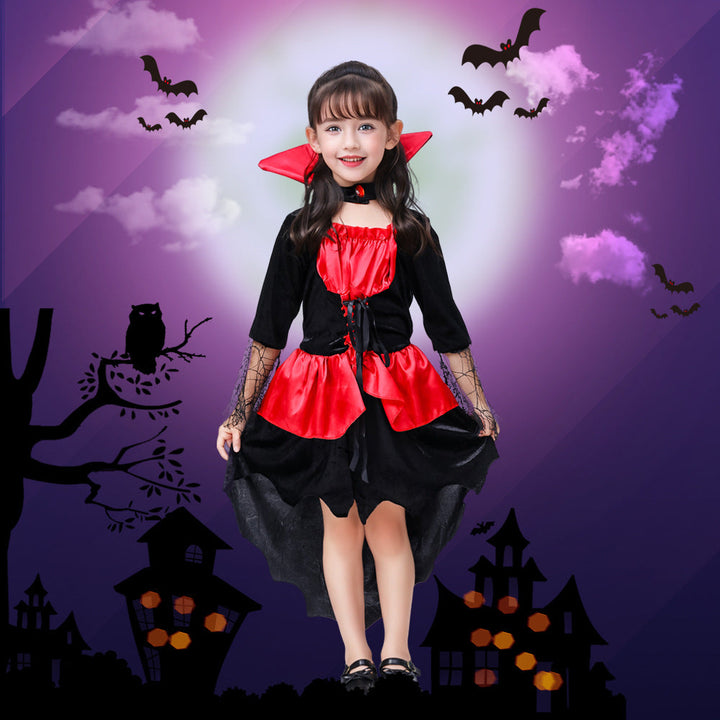 Girls Vampire Witch Halloween Costume Red Black Dress