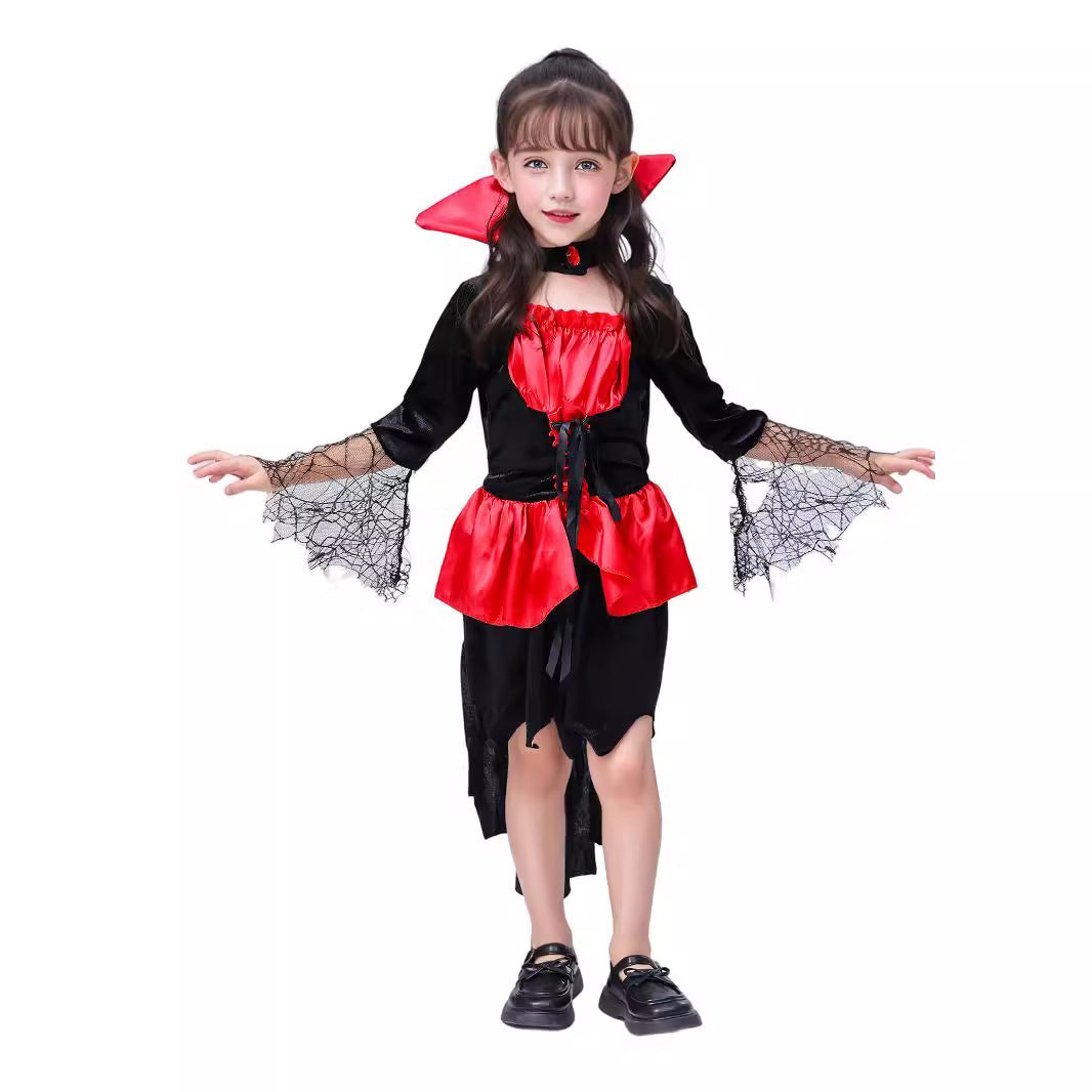 Girls Vampire Witch Halloween Costume Red Black Dress