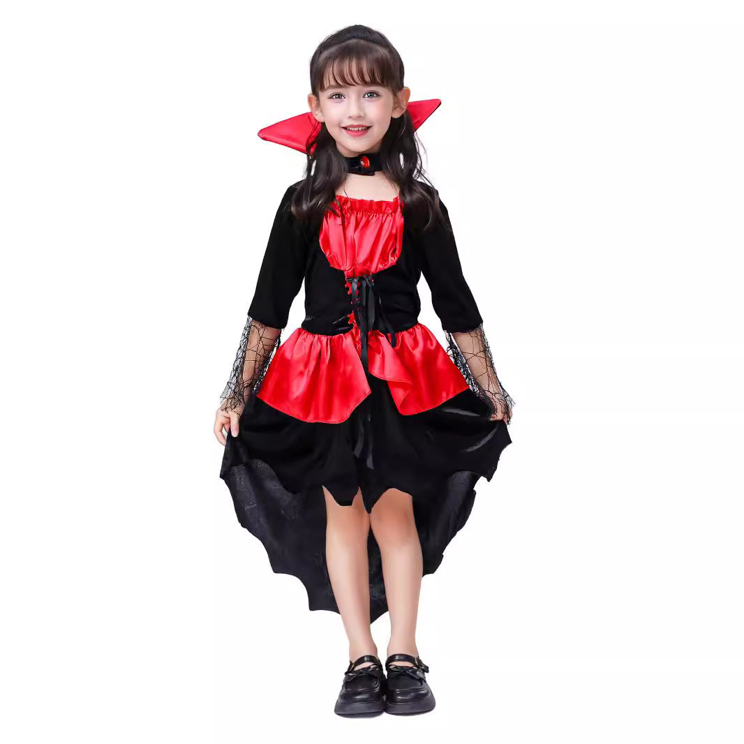 Girls Vampire Witch Halloween Costume Red Black Dress