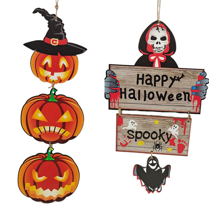 Hanging Wood Pumpkin Sign Set for Halloween Porch Decor