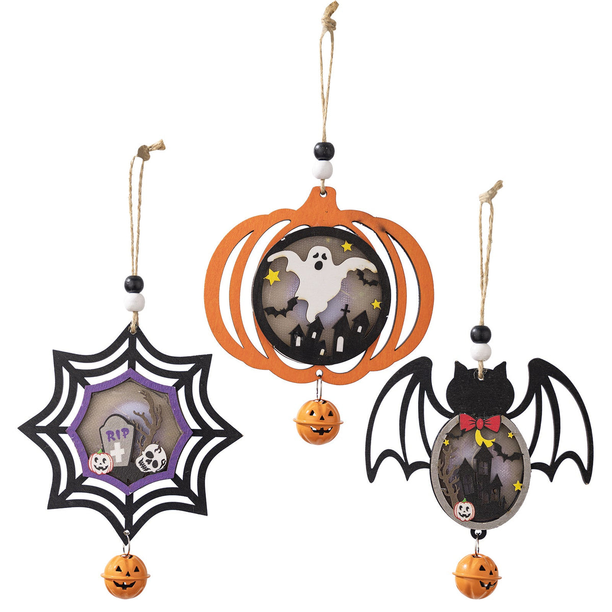 Halloween Wooden Lantern Pendant Set for Spooky Decor