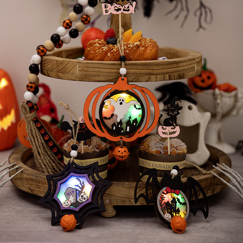 Halloween Wooden Lantern Pendant Set for Spooky Decor