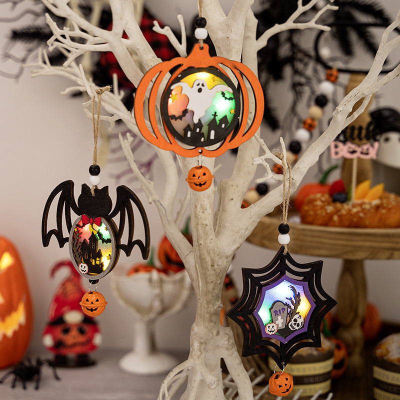 Halloween Wooden Lantern Pendant Set for Spooky Decor