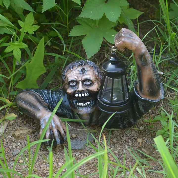 Zombie Lawn Statue with a Glowing Halloween Lantern