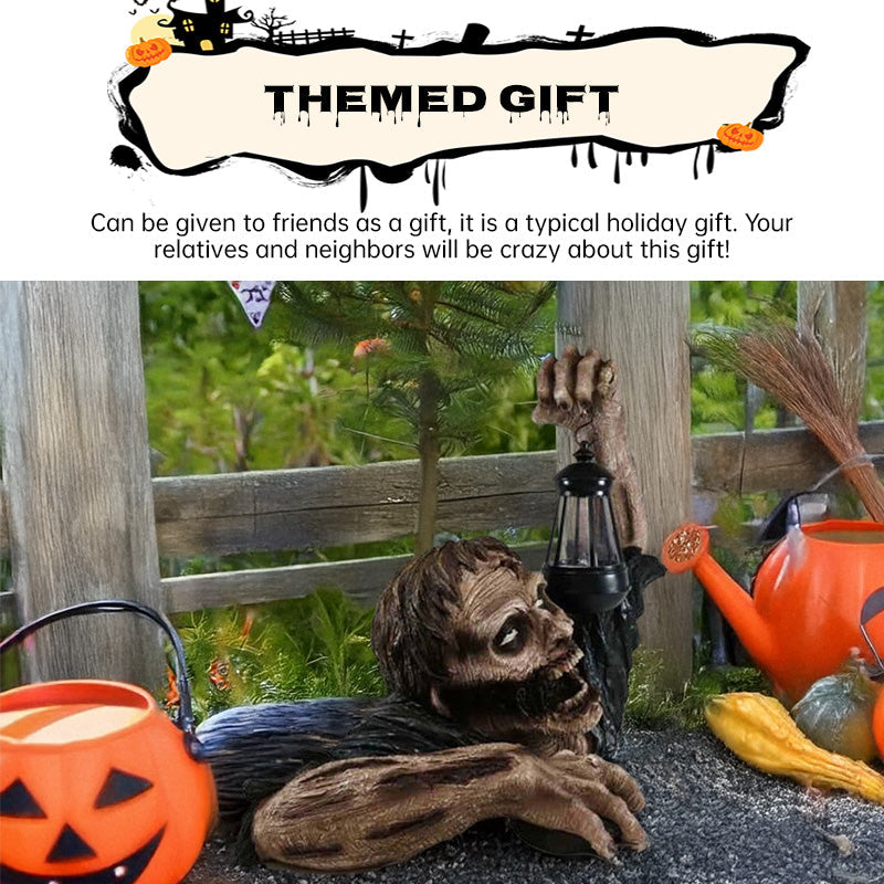 Zombie Lawn Statue with a Glowing Halloween Lantern
