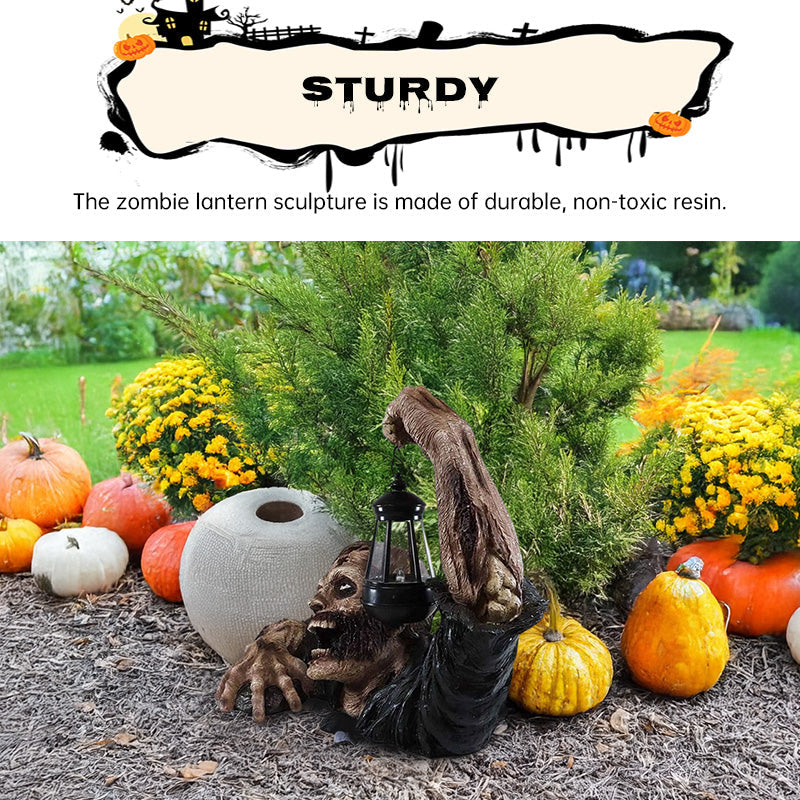 Zombie Lawn Statue with a Glowing Halloween Lantern