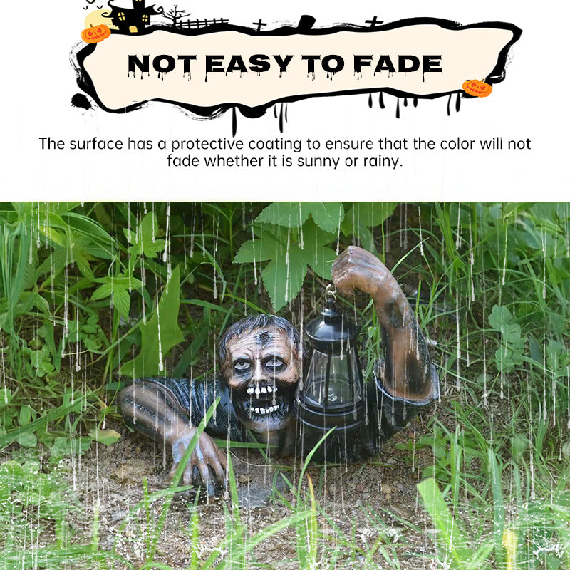Zombie Lawn Statue with a Glowing Halloween Lantern