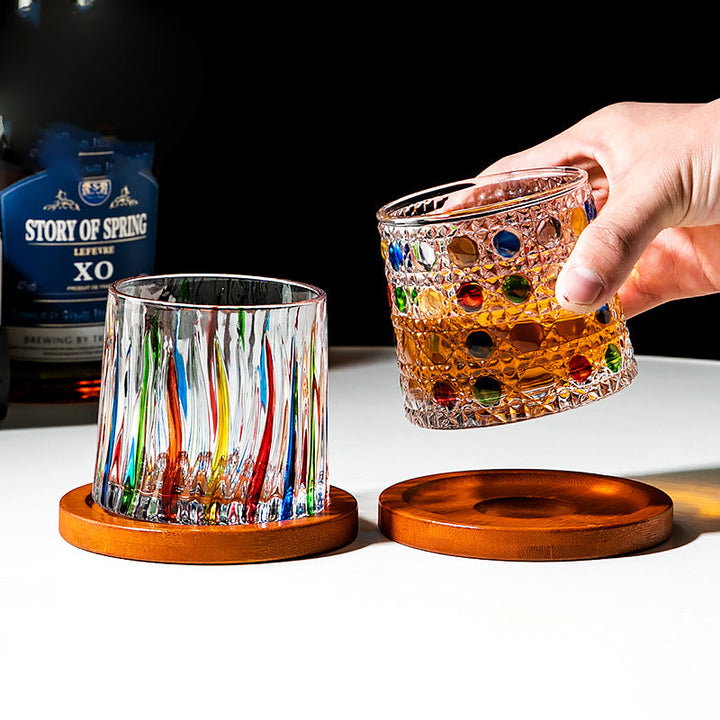 Hand Painted Rotating Whiskey Glass with Wooden Coaster