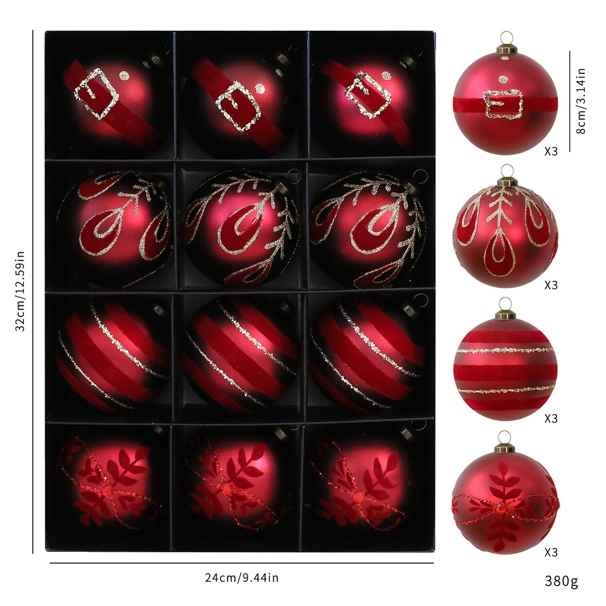 Hand-Painted Christmas Ornaments, 12-Piece Red Set