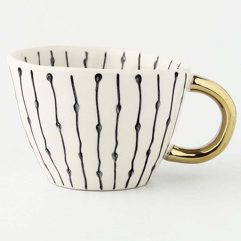 Hand Painted Geometric Ceramic Mug With Gold Handle