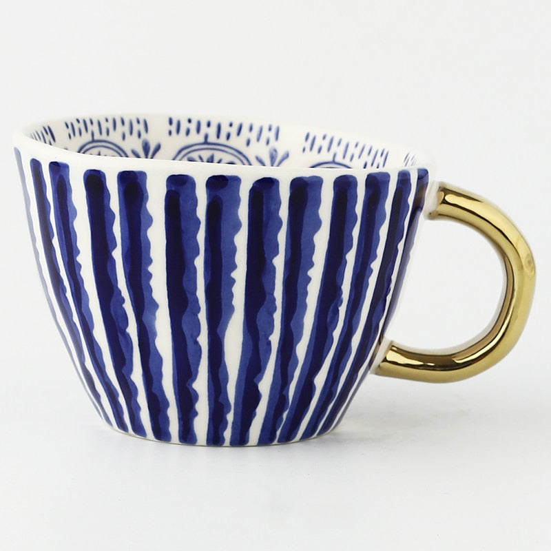 Hand Painted Geometric Ceramic Mug With Gold Handle