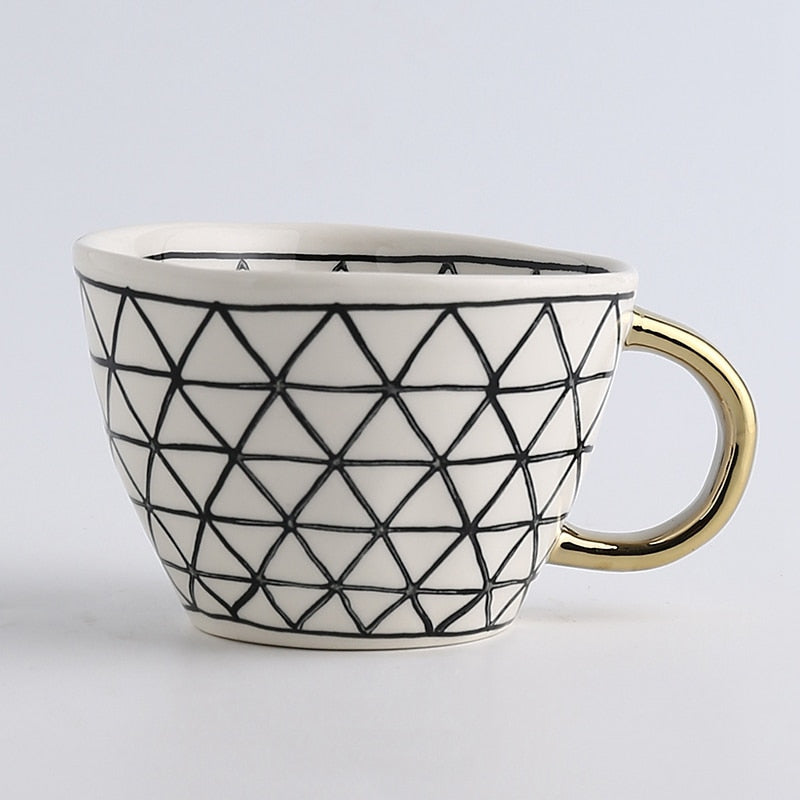 Hand Painted Geometric Ceramic Mug With Gold Handle