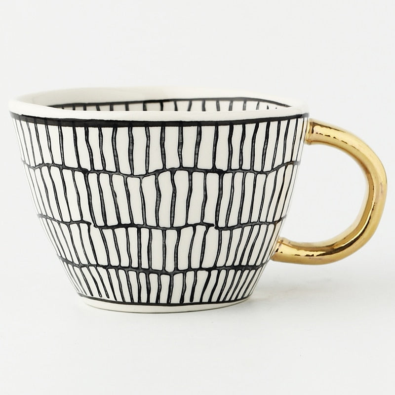 Hand Painted Geometric Ceramic Mug With Gold Handle