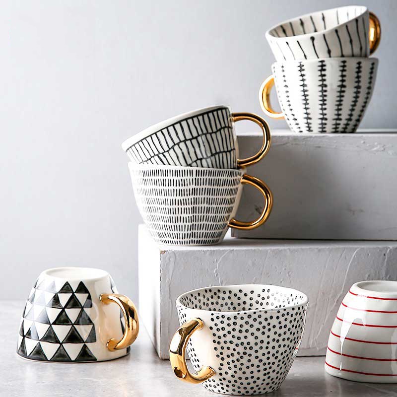 Hand Painted Geometric Ceramic Mug With Gold Handle