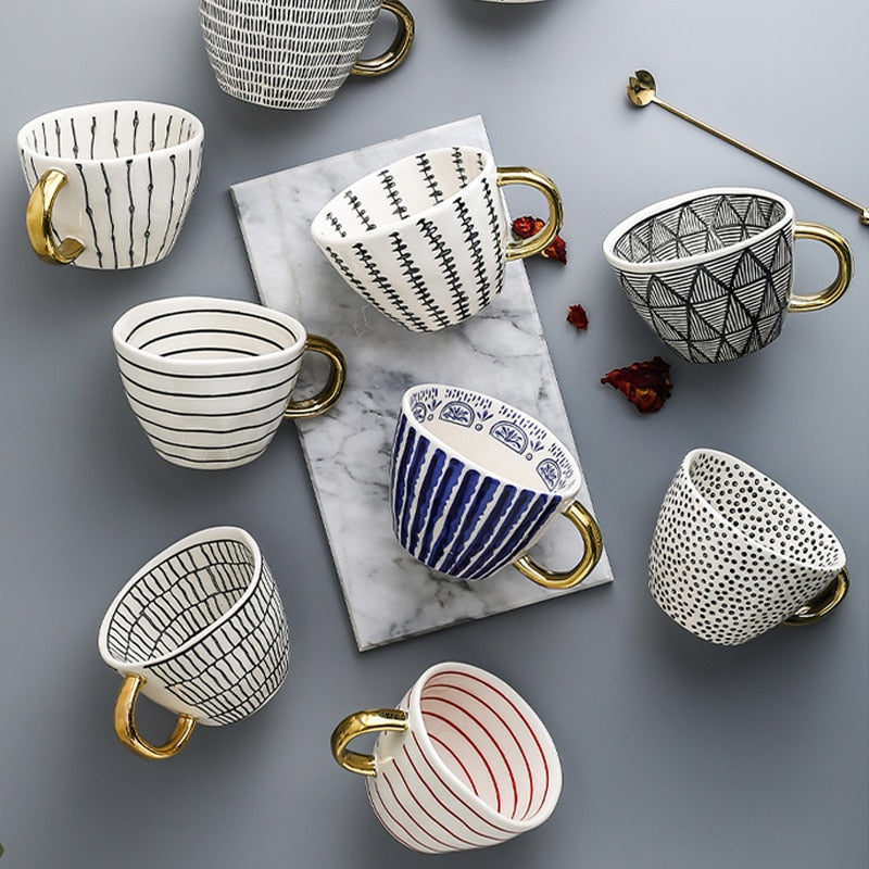Hand Painted Geometric Ceramic Mug With Gold Handle