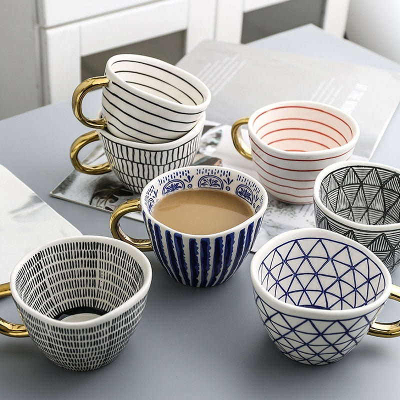 Hand Painted Geometric Ceramic Mug With Gold Handle