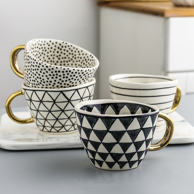 Hand Painted Geometric Ceramic Mug With Gold Handle