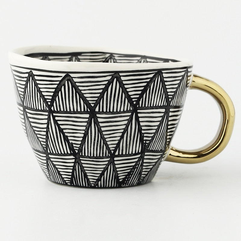 Hand Painted Geometric Ceramic Mug With Gold Handle