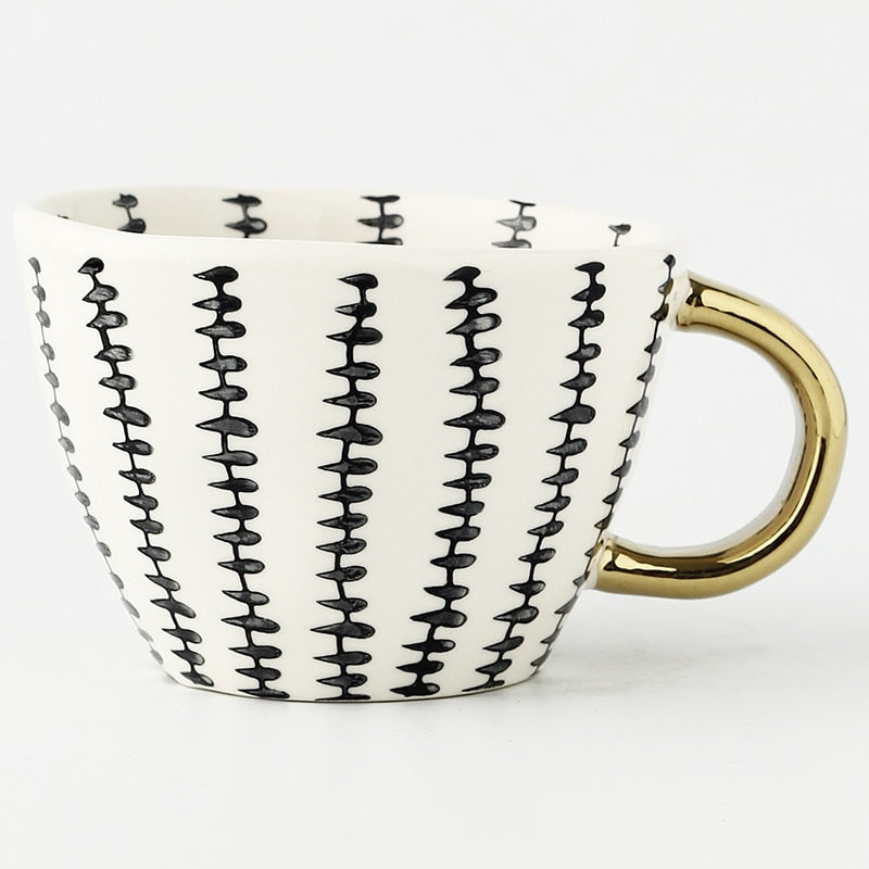 Hand Painted Geometric Ceramic Mug With Gold Handle