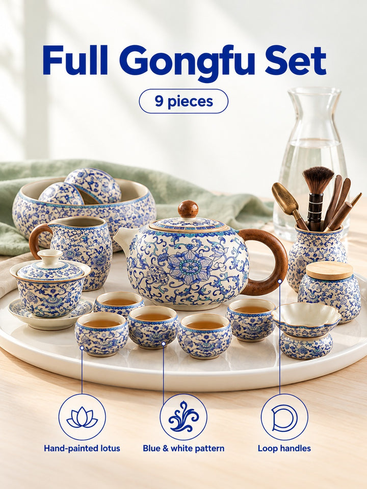 Hand-Painted Gongfu Tea Set, Blue Lotus, 9 Pieces