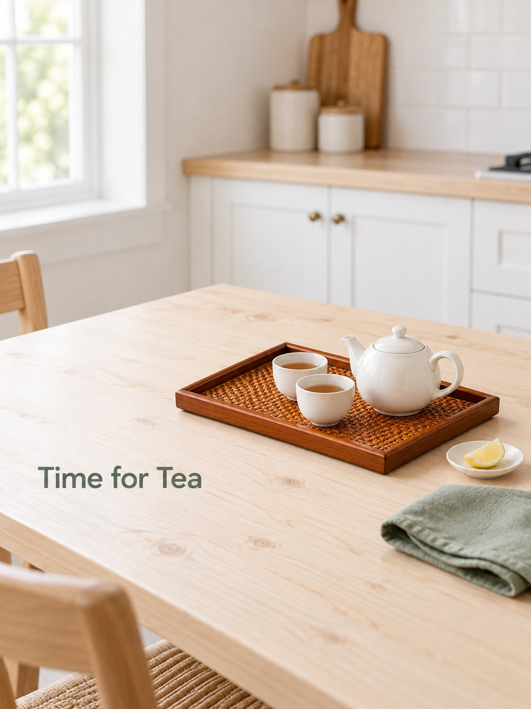 Hand-Woven Ash Rattan Serving Tray for Tea and Snacks