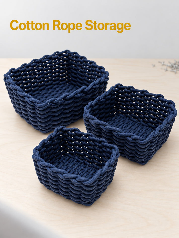 Hand Woven Cotton Rope Storage Baskets Set of 3 Navy