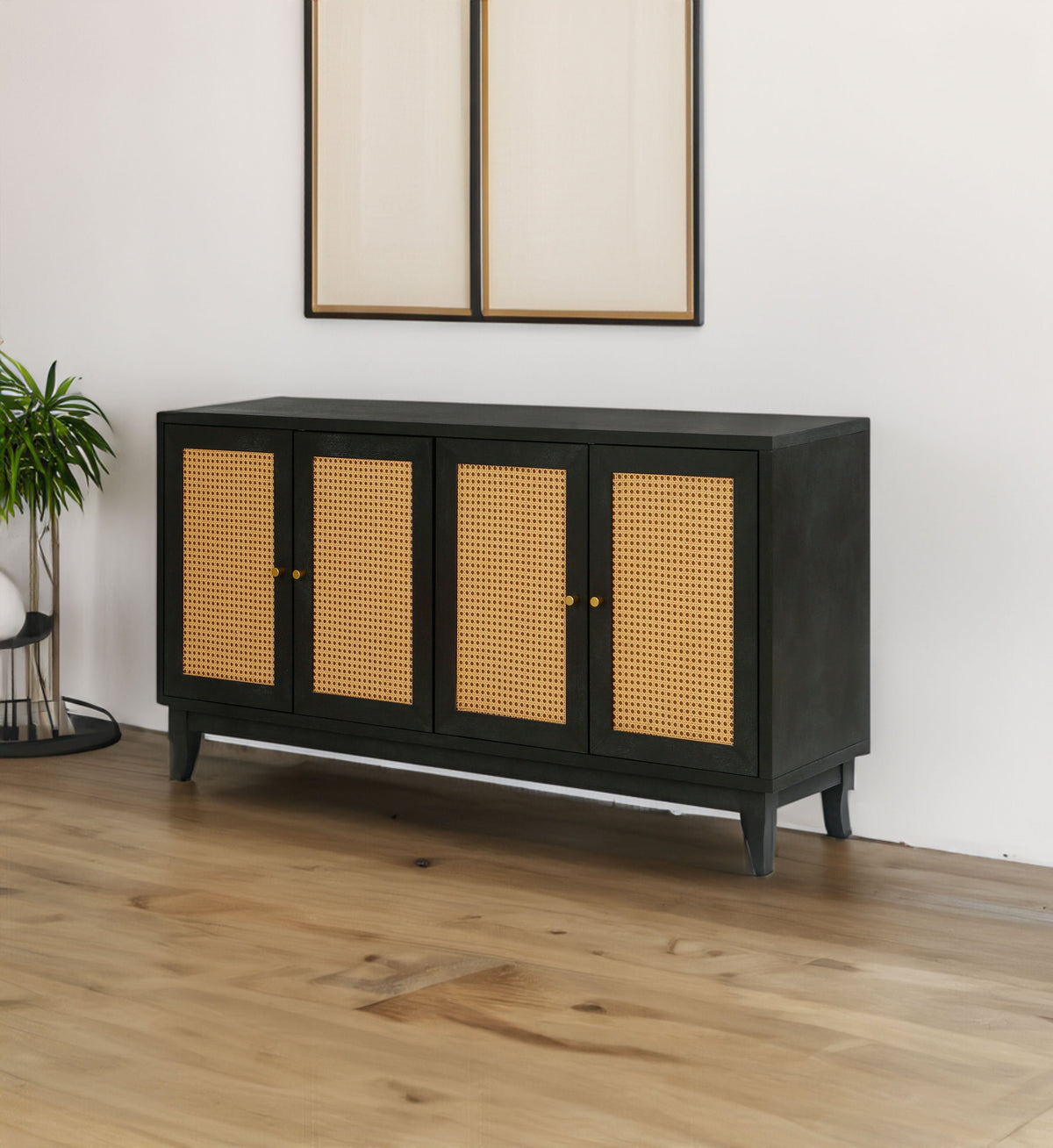 Black Rattan Door Sideboard Buffet Cabinet for Storage