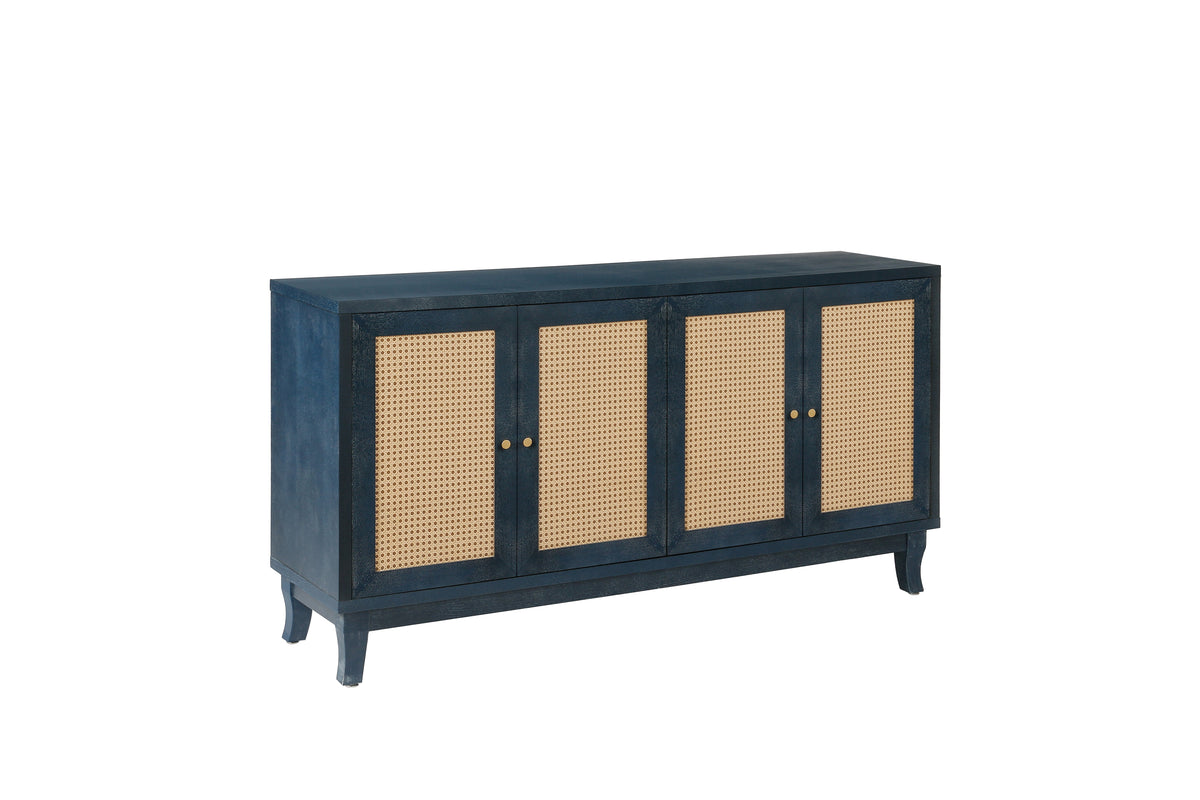 Navy Blue Rattan Sideboard Cabinet With 4 Woven Doors