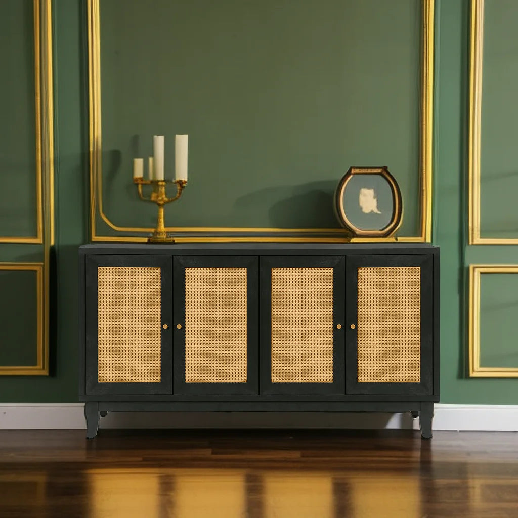 Black Rattan Door Sideboard Buffet Cabinet for Storage