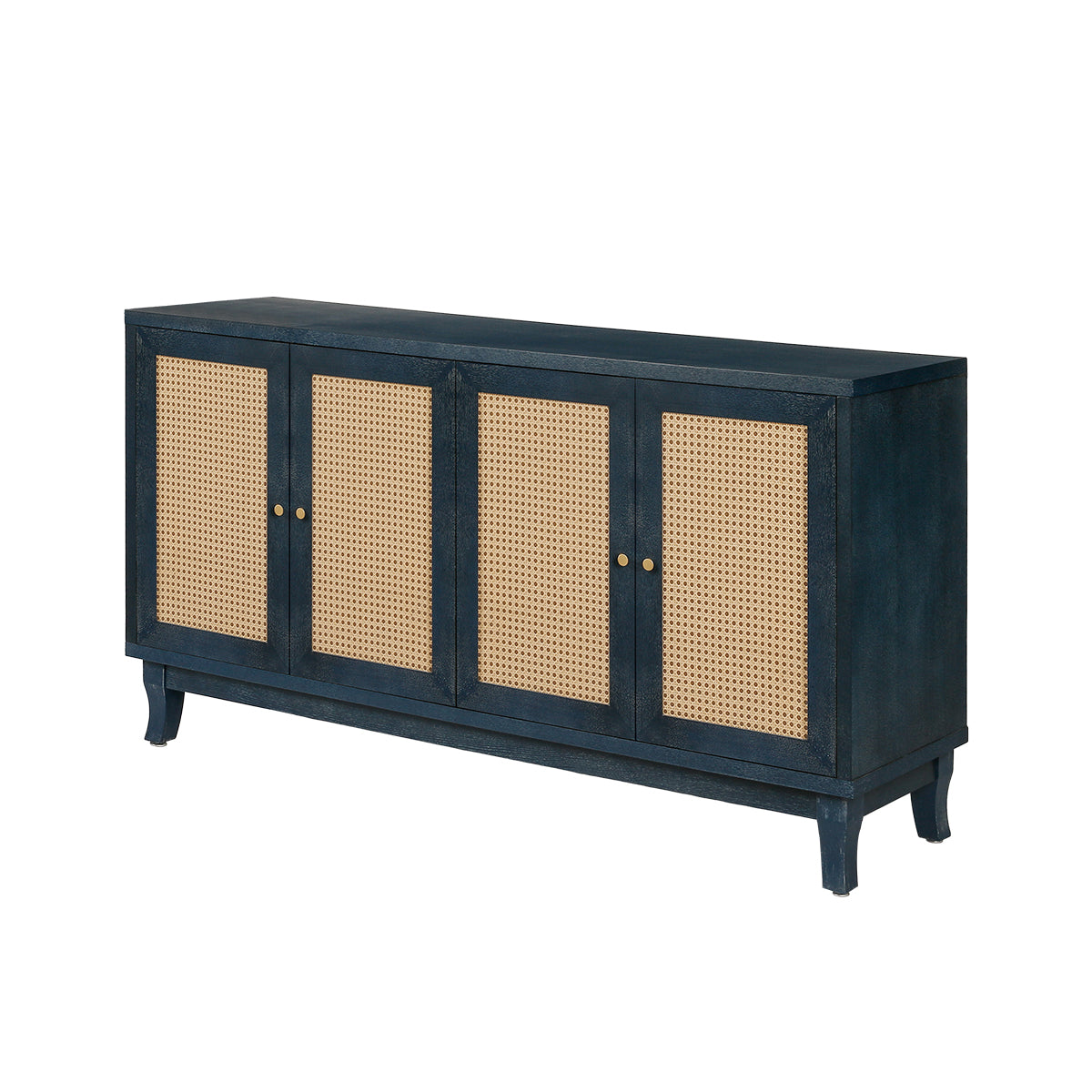 Navy Blue Rattan Sideboard Cabinet With 4 Woven Doors
