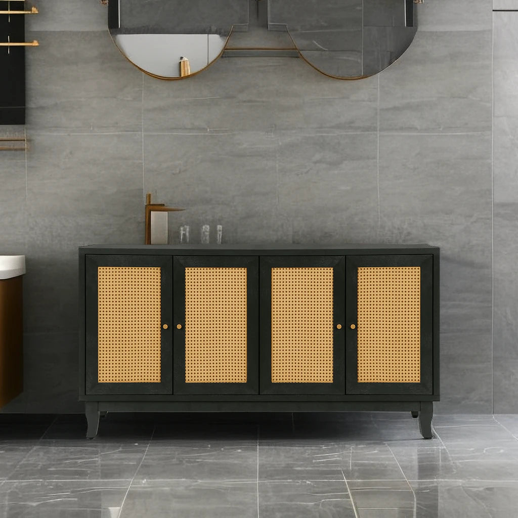 Black Rattan Door Sideboard Buffet Cabinet for Storage