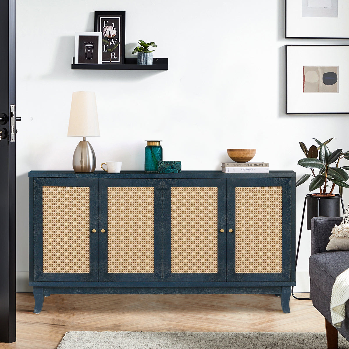 Navy Blue Rattan Sideboard Cabinet With 4 Woven Doors