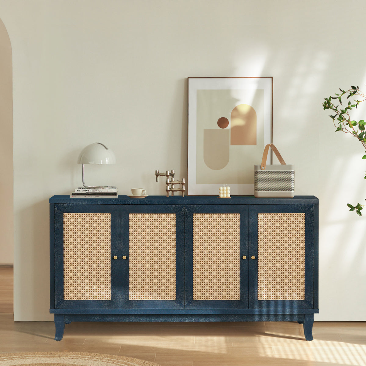Navy Blue Rattan Sideboard Cabinet With 4 Woven Doors