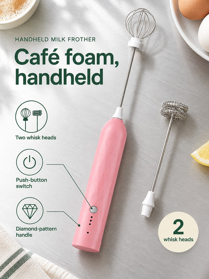 Handheld Milk Frother for Café-Style Foam, 2 Whisks