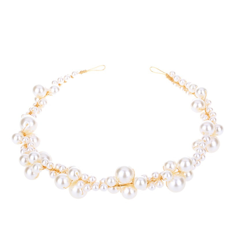 Handmade Pearl Cluster Bridal Headband with Gold Wrap