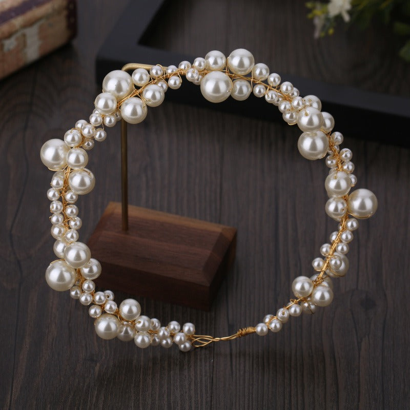 Handmade Pearl Cluster Bridal Headband with Gold Wrap