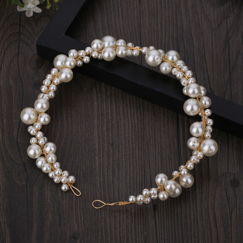 Handmade Pearl Cluster Bridal Headband with Gold Wrap