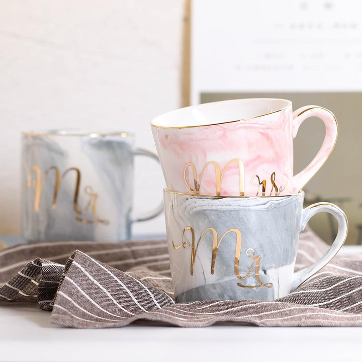 Mr and Mrs Marble Coffee Mug Set with Gold Monogram