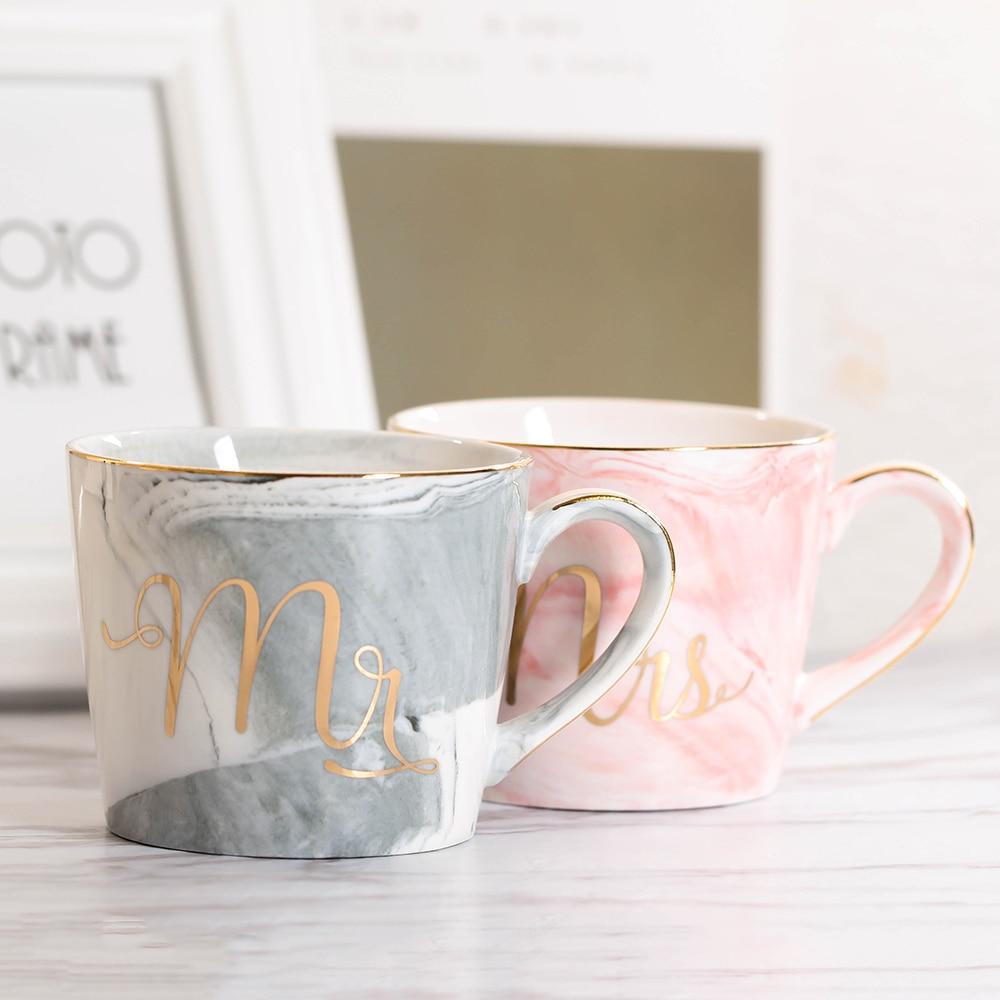 Mr and Mrs Marble Coffee Mug Set with Gold Monogram