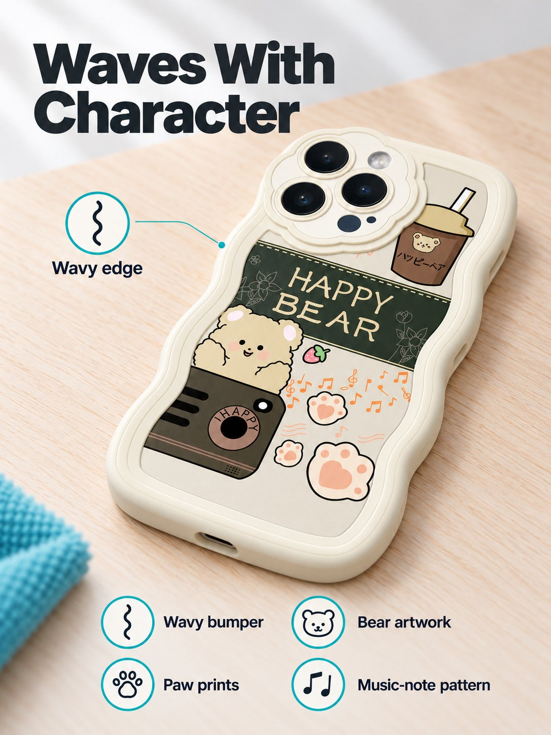 iPhone 14 Case with Cute Happy Bear Wavy Bumper Cover