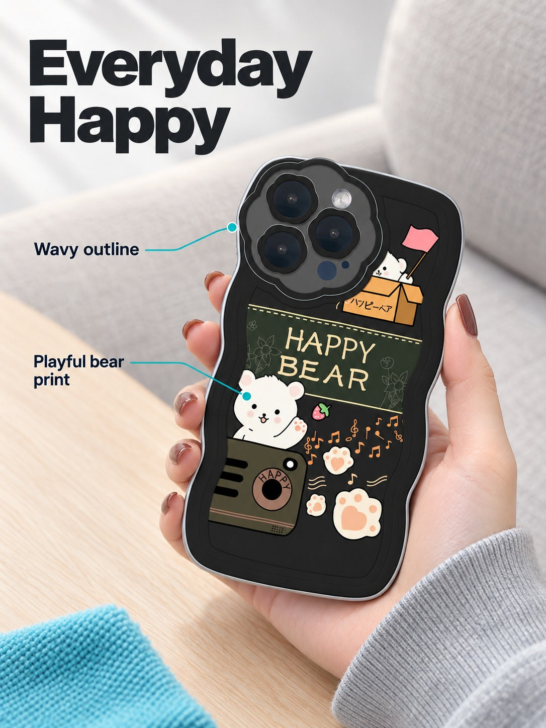 iPhone 14 Case with Cute Happy Bear Wavy Bumper Cover