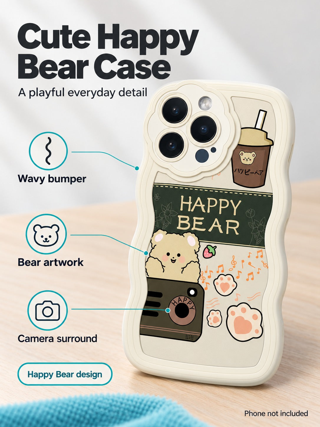 iPhone 14 Case with Cute Happy Bear Wavy Bumper Cover
