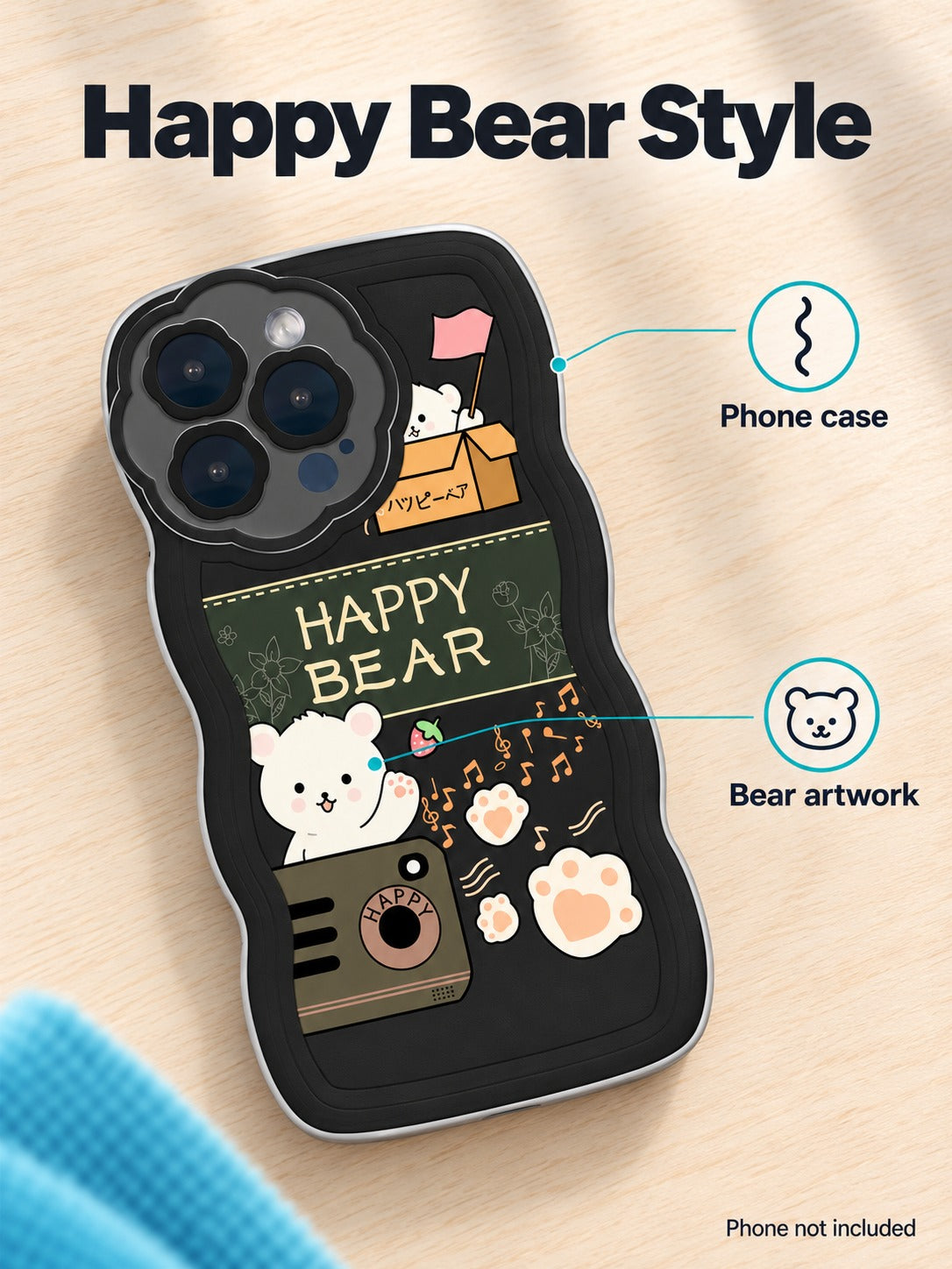 iPhone 14 Case with Cute Happy Bear Wavy Bumper Cover