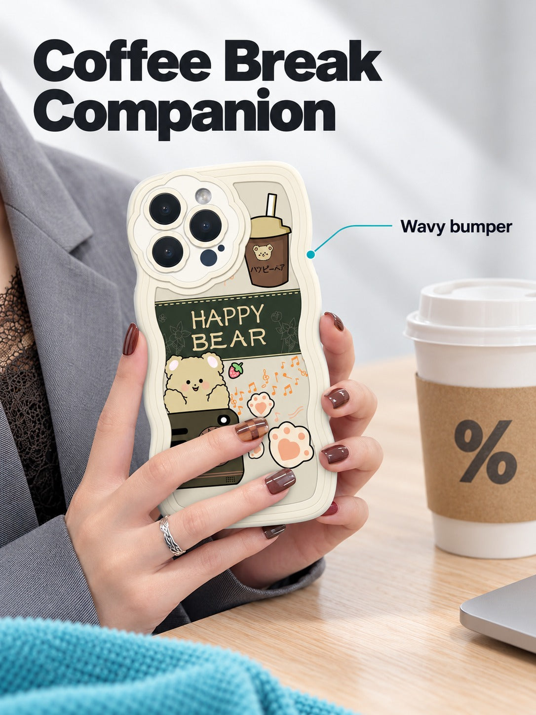 iPhone 14 Case with Cute Happy Bear Wavy Bumper Cover