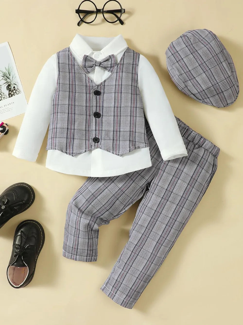 Boys' 4-Piece Plaid Outfit Set for Special Occasions