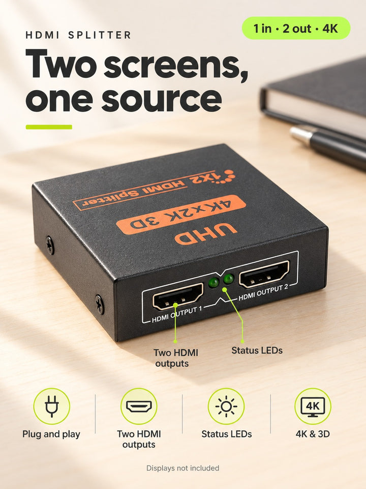 HDMI Splitter 1x2 4K for Two Displays, Plug and Play