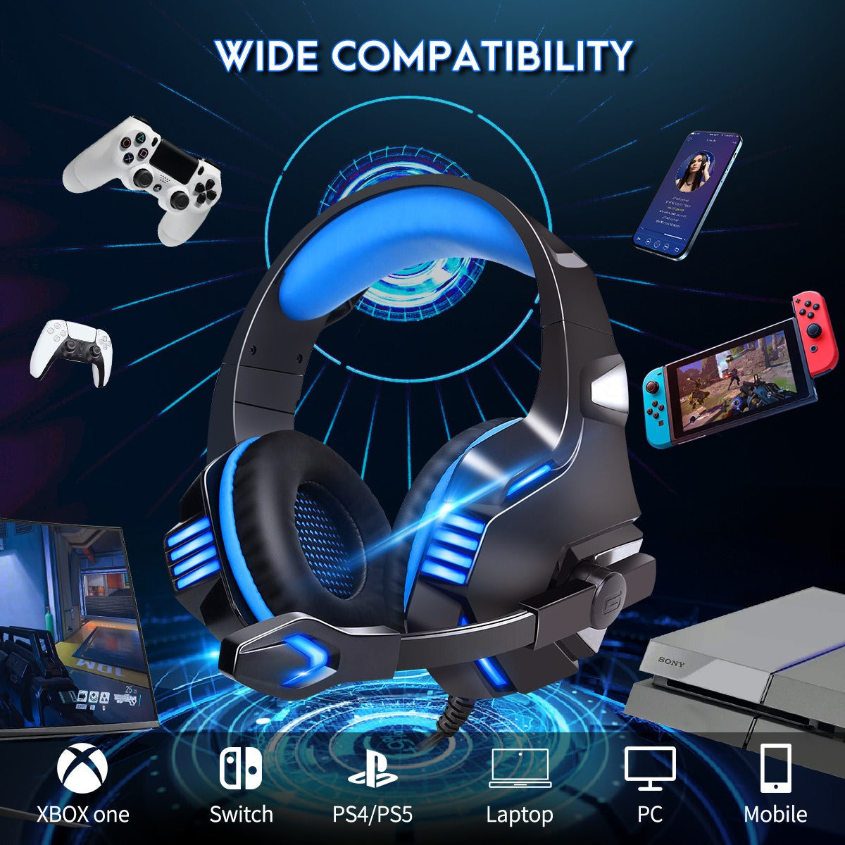 Wired Gaming Headset with LED Ear Cups for Console & PC