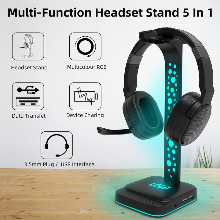 RGB Gaming Headset Stand with USB Ports and 3.5mm AUX