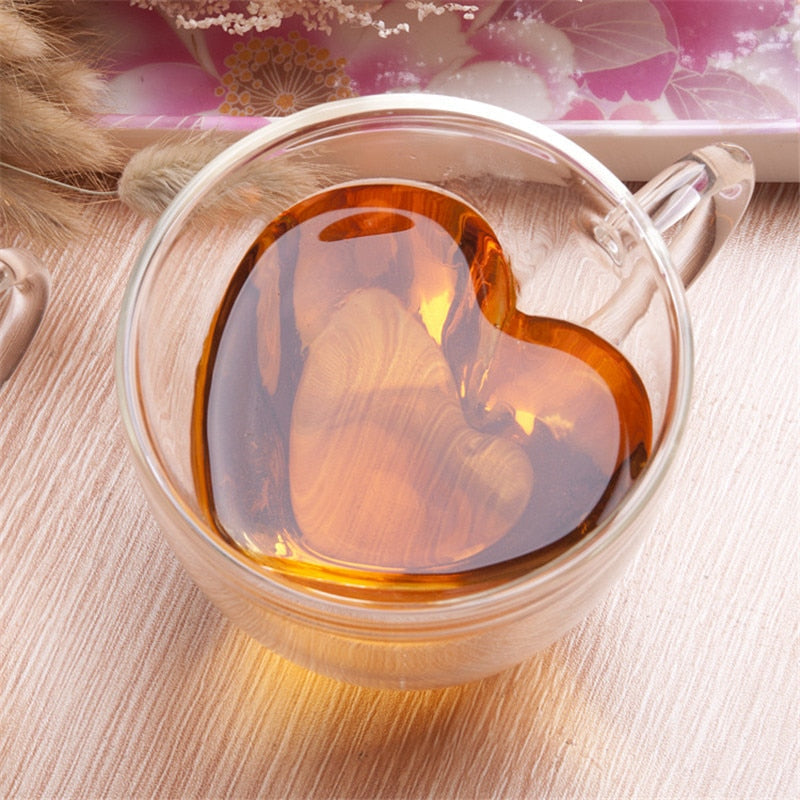 Heart-Shaped Double Wall Glass Mug for Tea & Coffee